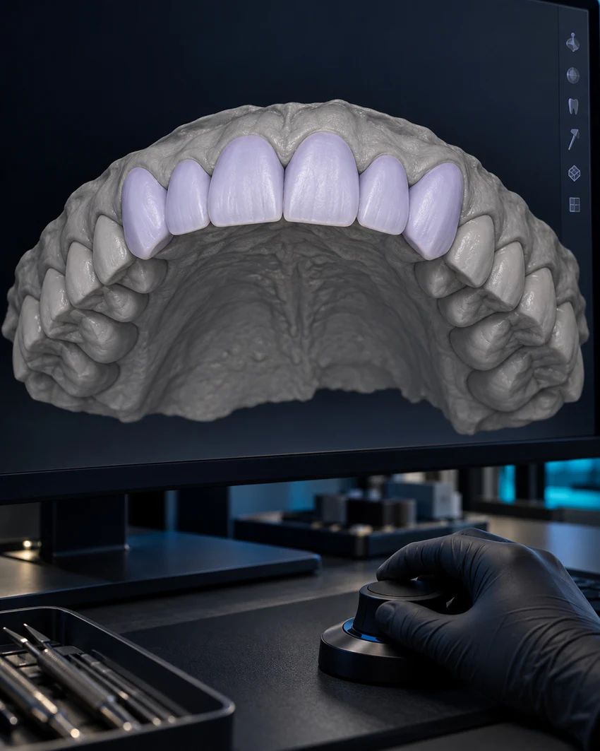 صورة توضيحية لتصميم رقمي للأسنان على شاشة